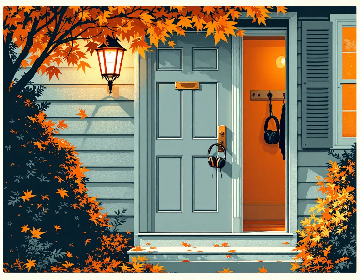 Screenprint-style illustration of the studio’s front door on a leafy lane, a lantern porch light glowing and headphones hanging just inside