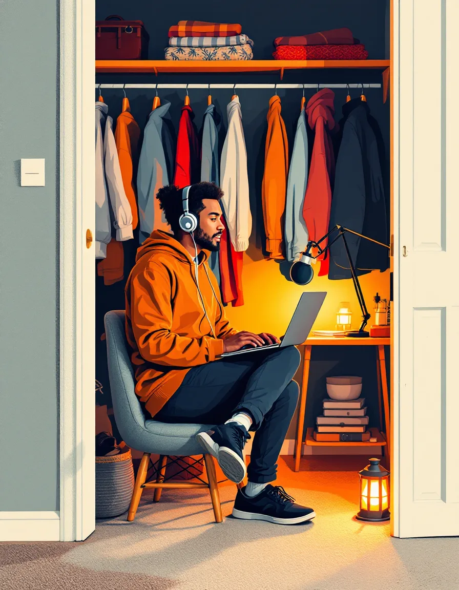 Screenprint-style illustration of a guest recording from a coat closet with corded earbuds and a glowing lamp